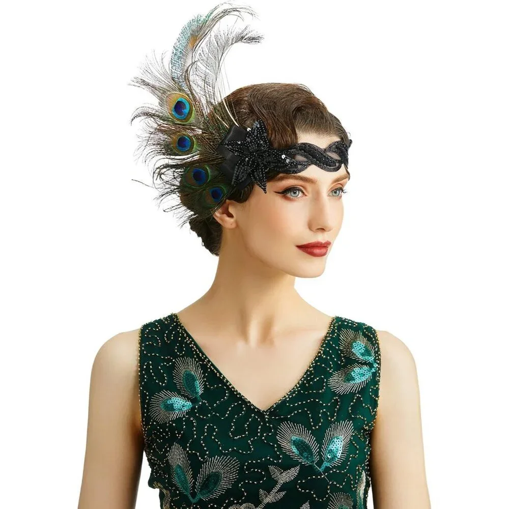 1920s Flapper Headband Peacock Feathers Sequin Gatsby Costume Accessory